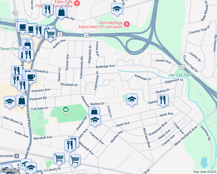 map of restaurants, bars, coffee shops, grocery stores, and more near 598 Bethany Court in Lancaster