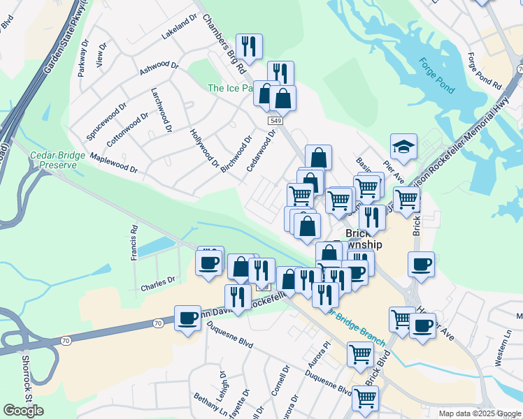 map of restaurants, bars, coffee shops, grocery stores, and more near 204 Discovery Road in Brick Township