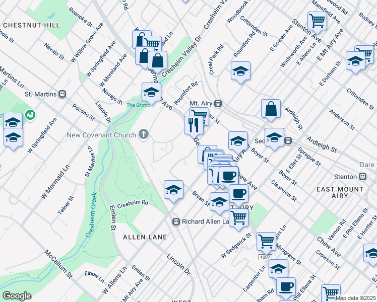 map of restaurants, bars, coffee shops, grocery stores, and more near 35 West Gowen Avenue in Philadelphia