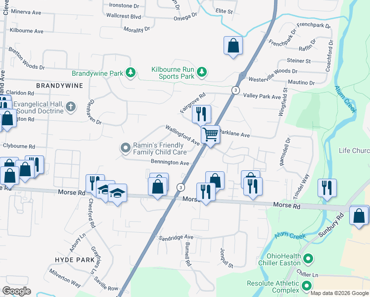 map of restaurants, bars, coffee shops, grocery stores, and more near 3098 Glenshaw Avenue in Columbus