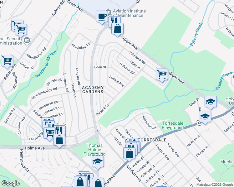 map of restaurants, bars, coffee shops, grocery stores, and more near 3490 Kirkwood Road in Philadelphia