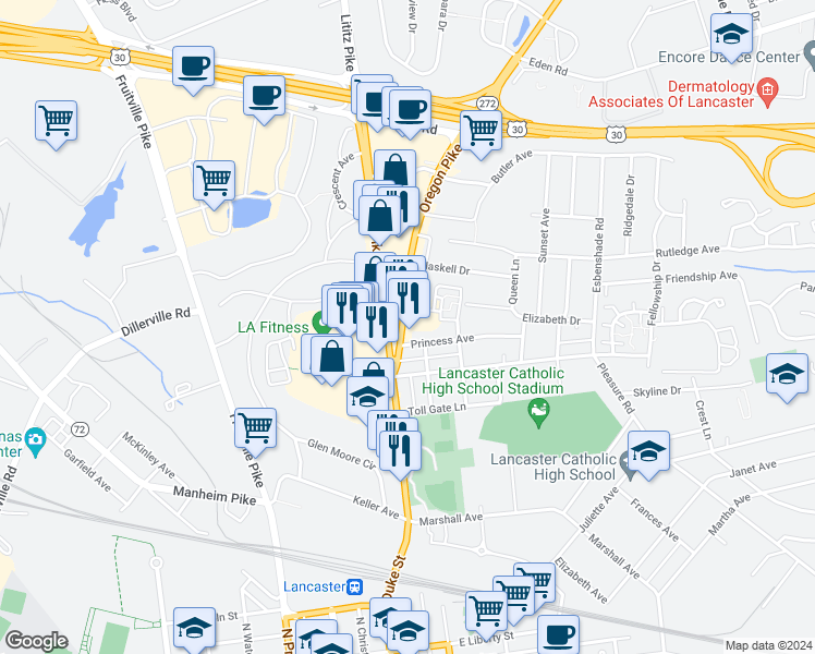 map of restaurants, bars, coffee shops, grocery stores, and more near 1513 Oregon Pike in Lancaster