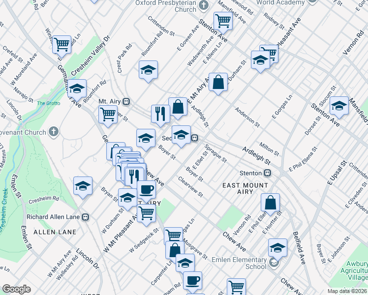 map of restaurants, bars, coffee shops, grocery stores, and more near 230 East Durham Street in Philadelphia