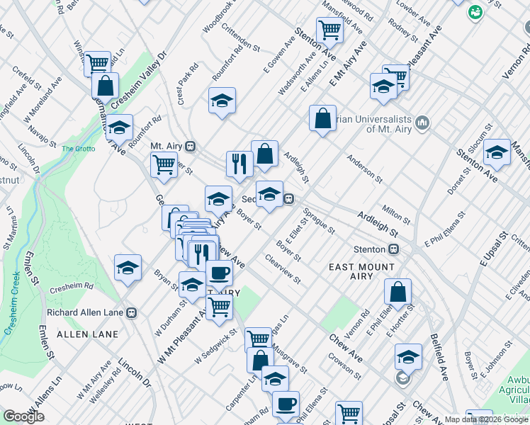 map of restaurants, bars, coffee shops, grocery stores, and more near 221 East Durham Street in Philadelphia