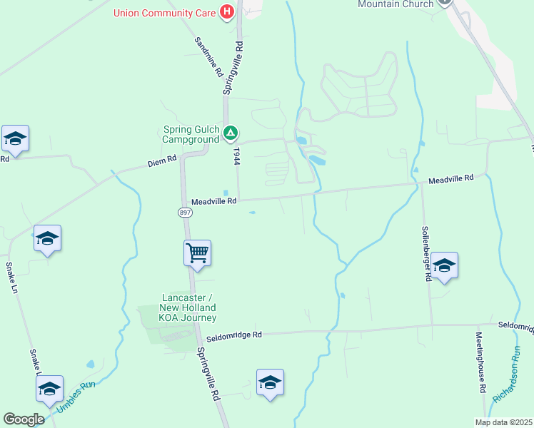 map of restaurants, bars, coffee shops, grocery stores, and more near 5414 Meadville Road in New Holland