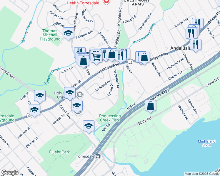 map of restaurants, bars, coffee shops, grocery stores, and more near 4222 Lyman Drive in Philadelphia