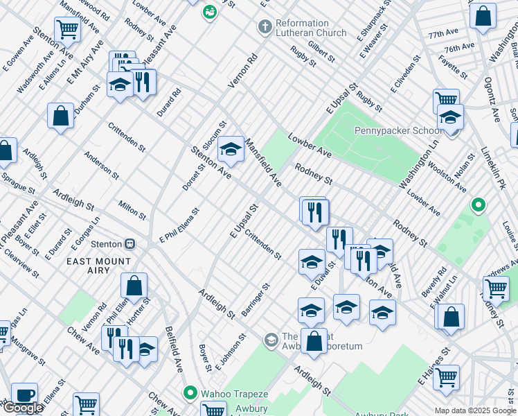 map of restaurants, bars, coffee shops, grocery stores, and more near 828 East Upsal Street in Philadelphia