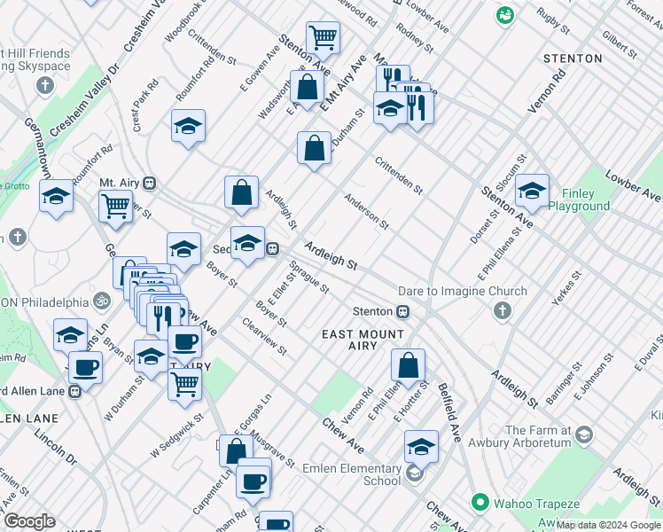 map of restaurants, bars, coffee shops, grocery stores, and more near 6928 Ardleigh Street in Philadelphia