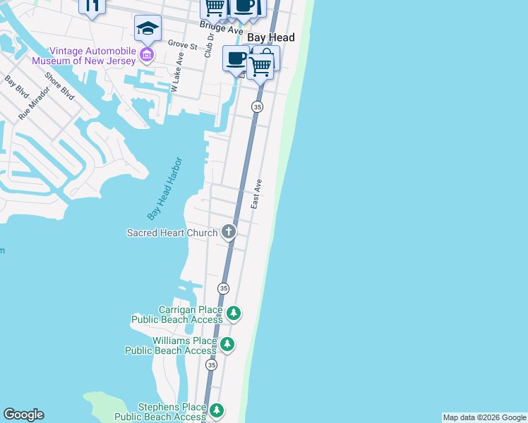 map of restaurants, bars, coffee shops, grocery stores, and more near 723 East Avenue in Bay Head