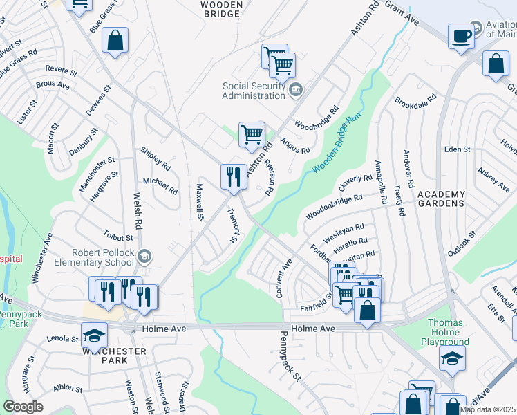 map of restaurants, bars, coffee shops, grocery stores, and more near 9117 Ryerson Road in Philadelphia