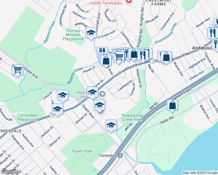 map of restaurants, bars, coffee shops, grocery stores, and more near 9822 Garvey Drive in Philadelphia