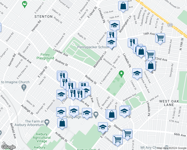 map of restaurants, bars, coffee shops, grocery stores, and more near 1627 Mayland Street in Philadelphia