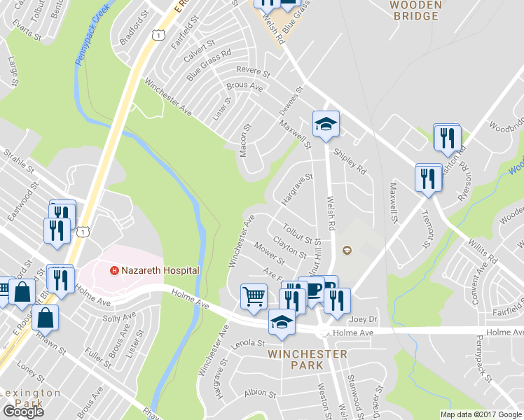 map of restaurants, bars, coffee shops, grocery stores, and more near 2609 Tolbut Street in Philadelphia
