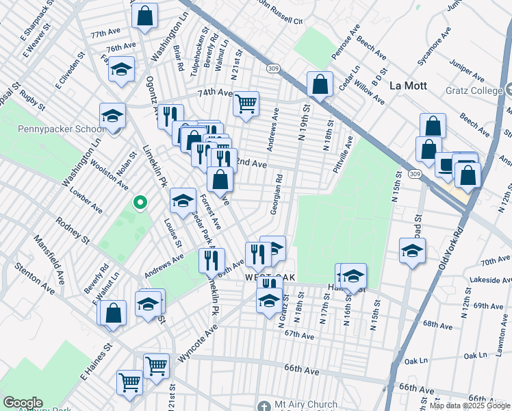 map of restaurants, bars, coffee shops, grocery stores, and more near 1950 71st Avenue in Philadelphia