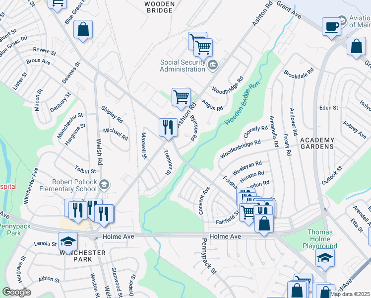map of restaurants, bars, coffee shops, grocery stores, and more near 9117 Ryerson Road in Philadelphia