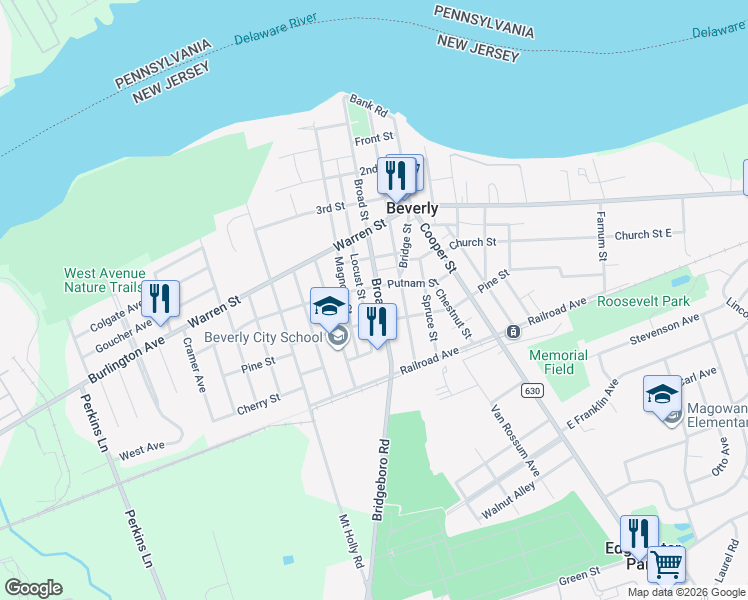 map of restaurants, bars, coffee shops, grocery stores, and more near 520 Broad Street in Beverly