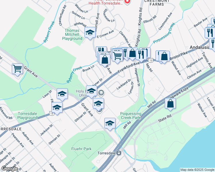 map of restaurants, bars, coffee shops, grocery stores, and more near 9822 Garvey Drive in Philadelphia