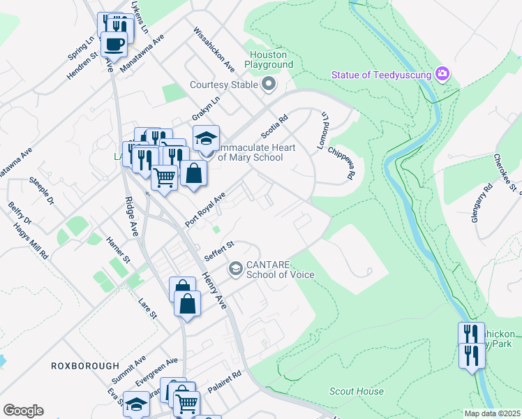 map of restaurants, bars, coffee shops, grocery stores, and more near 8201 Henry Avenue in Philadelphia