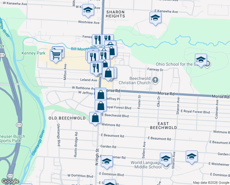 map of restaurants, bars, coffee shops, grocery stores, and more near 69 Morse Road in Columbus