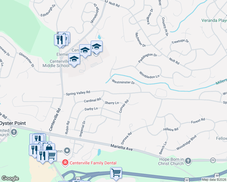 map of restaurants, bars, coffee shops, grocery stores, and more near 2857 Spring Valley Road in Lancaster