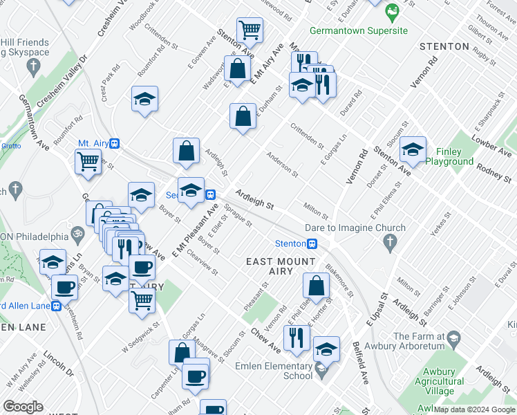 map of restaurants, bars, coffee shops, grocery stores, and more near 6926 Ardleigh Street in Philadelphia