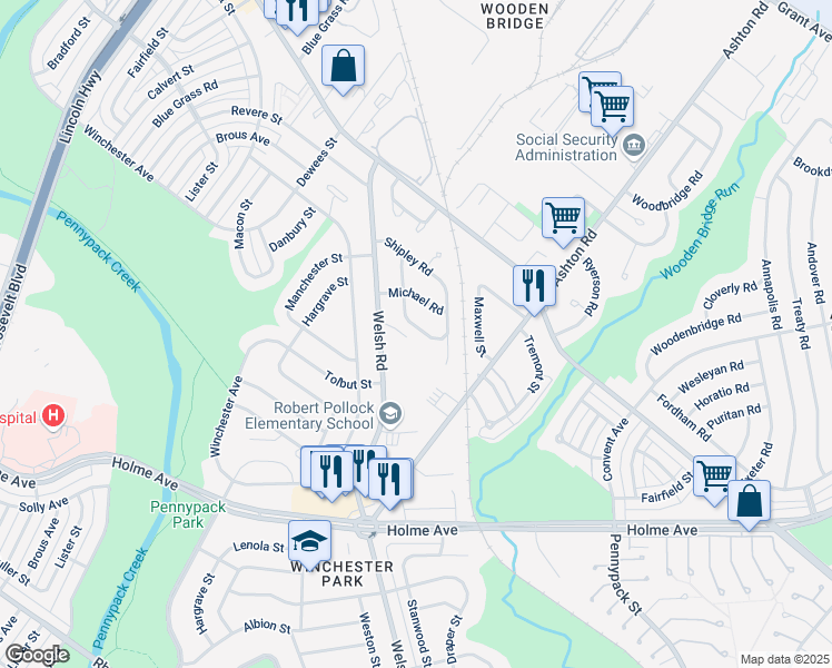 map of restaurants, bars, coffee shops, grocery stores, and more near 2816 Shelly Road in Philadelphia