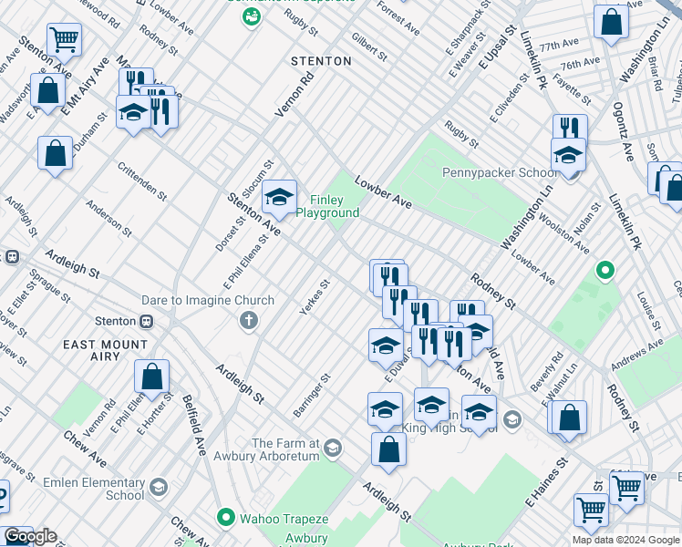 map of restaurants, bars, coffee shops, grocery stores, and more near 1400 Yerkes Street in Philadelphia