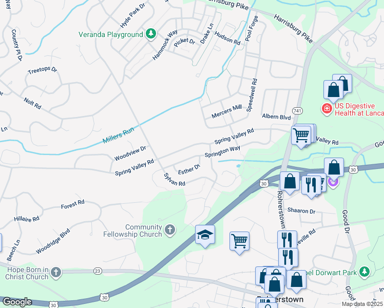 map of restaurants, bars, coffee shops, grocery stores, and more near 521 Springton Way in Lancaster