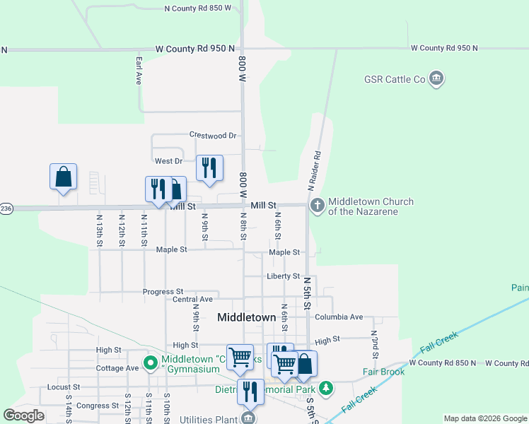 map of restaurants, bars, coffee shops, grocery stores, and more near 687 West Mill Street in Middletown