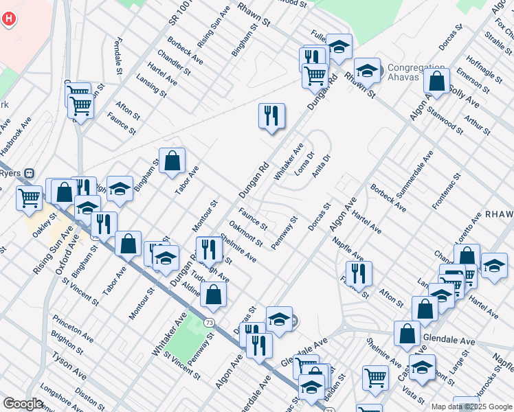 map of restaurants, bars, coffee shops, grocery stores, and more near 1340 Napfle Avenue in Philadelphia