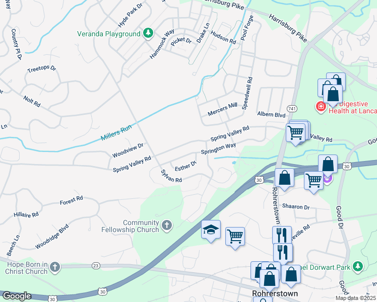map of restaurants, bars, coffee shops, grocery stores, and more near 521 Springton Way in Lancaster