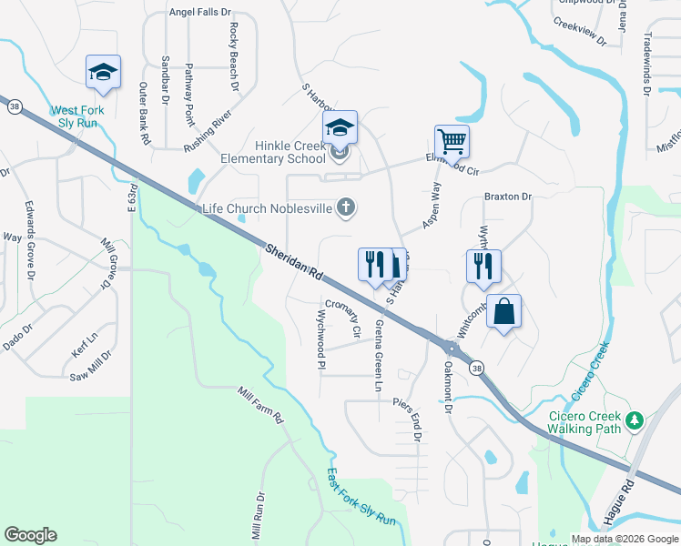 map of restaurants, bars, coffee shops, grocery stores, and more near 2088 Sheridan Road in Noblesville