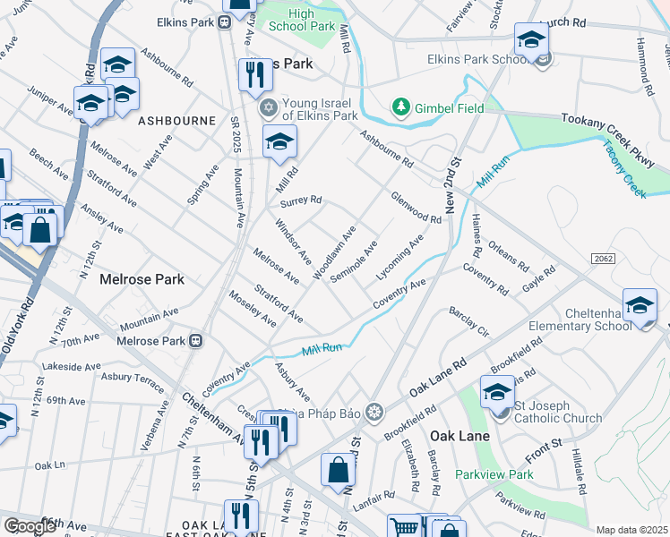 map of restaurants, bars, coffee shops, grocery stores, and more near 7605 Woodlawn Avenue in Melrose Park