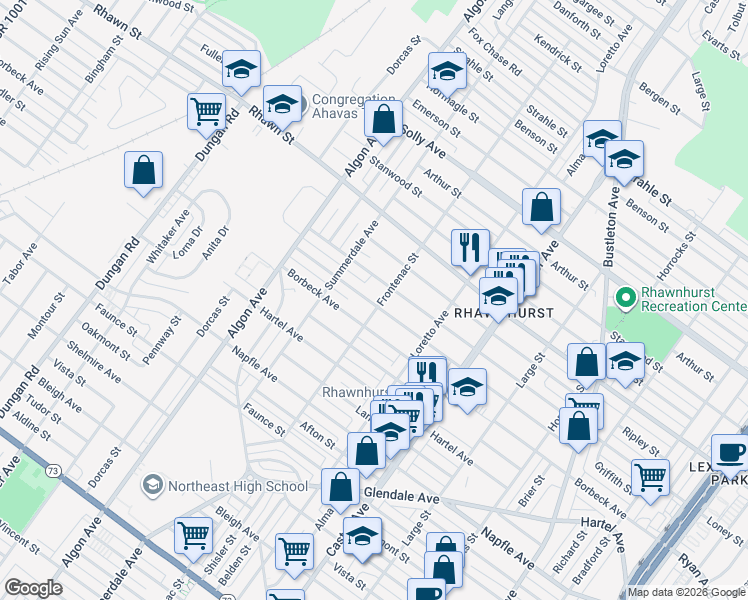 map of restaurants, bars, coffee shops, grocery stores, and more near 7916 Frontenac Street in Philadelphia