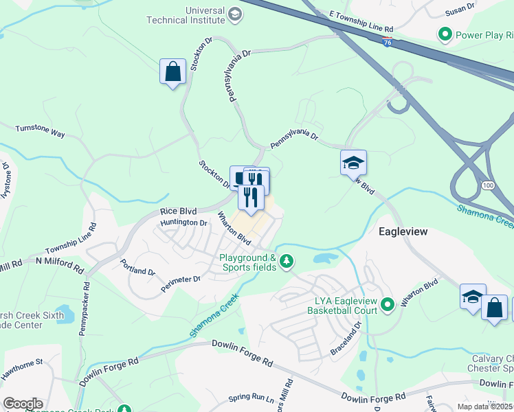 map of restaurants, bars, coffee shops, grocery stores, and more near 543 Wellington Square in Exton