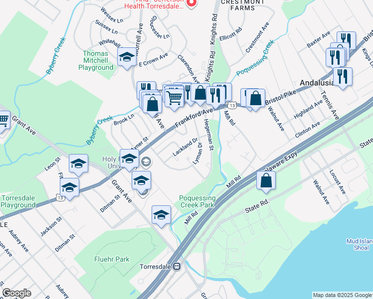 map of restaurants, bars, coffee shops, grocery stores, and more near 4202 Lackland Terrace in Philadelphia