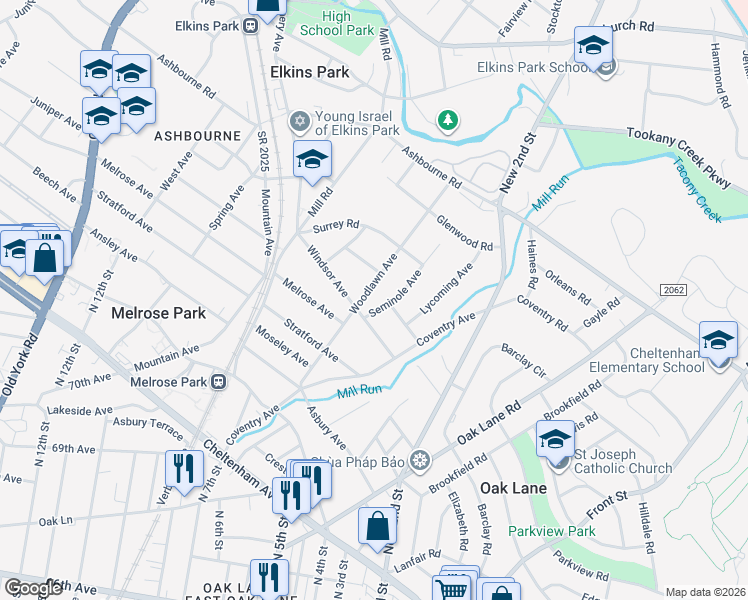map of restaurants, bars, coffee shops, grocery stores, and more near 7605 Woodlawn Avenue in Melrose Park