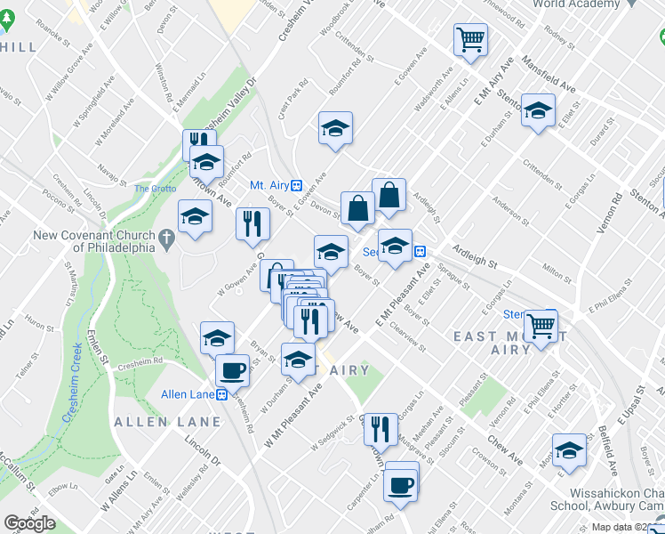 map of restaurants, bars, coffee shops, grocery stores, and more near 133 East Mount Airy Avenue in Philadelphia