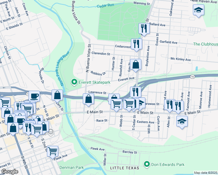map of restaurants, bars, coffee shops, grocery stores, and more near 260 Lawrence Street in Newark