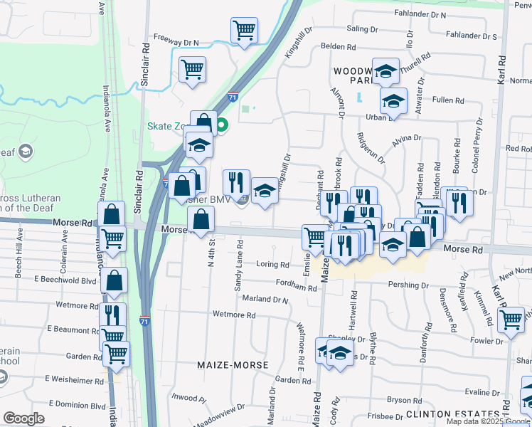 map of restaurants, bars, coffee shops, grocery stores, and more near 1100 Kingshill Drive in Columbus