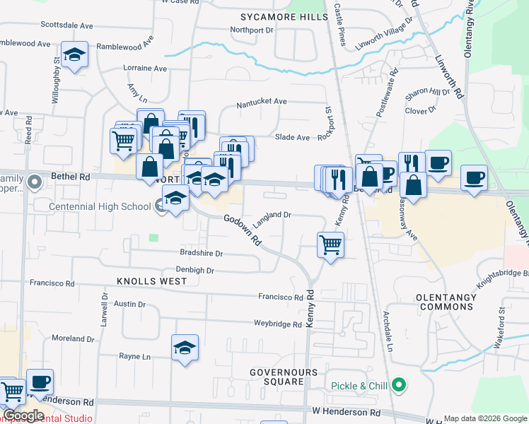 map of restaurants, bars, coffee shops, grocery stores, and more near 1234 Langland Drive in Columbus