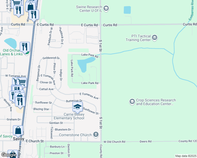 map of restaurants, bars, coffee shops, grocery stores, and more near 66 Chestnut Court in Champaign