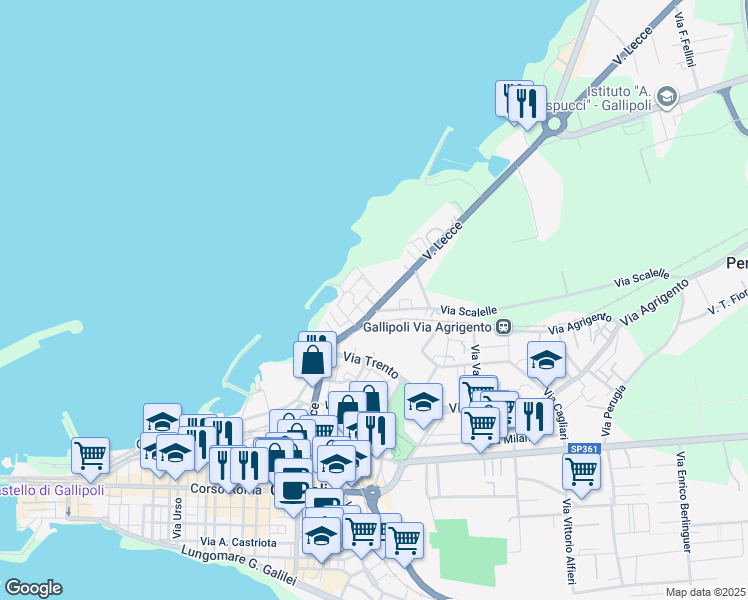 map of restaurants, bars, coffee shops, grocery stores, and more near 23 Via Brescia in Gallipoli