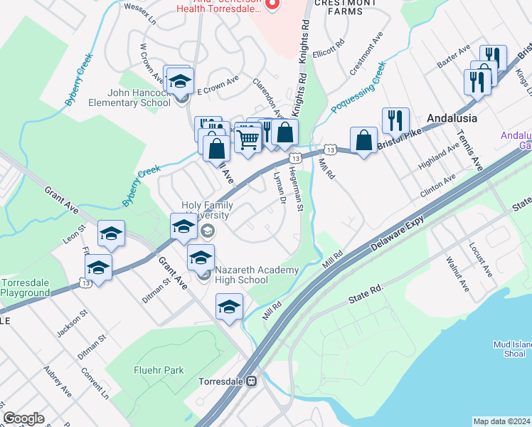 map of restaurants, bars, coffee shops, grocery stores, and more near 4202 Lackland Terrace in Philadelphia