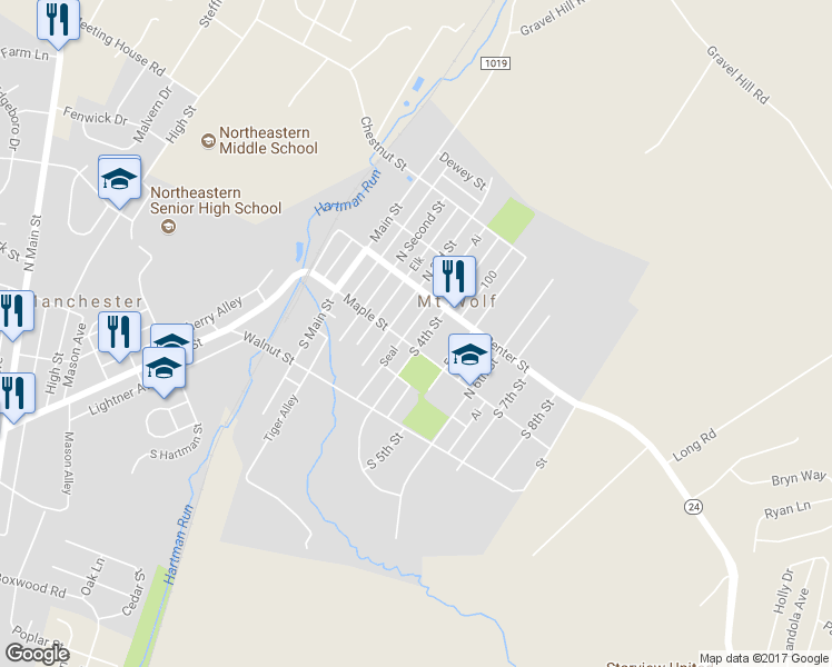 map of restaurants, bars, coffee shops, grocery stores, and more near 80 South 4th Street in Mount Wolf