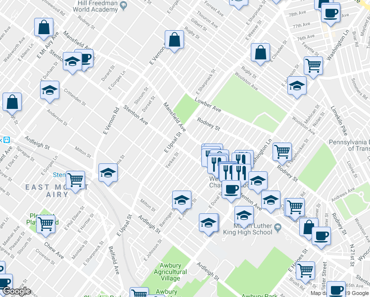 map of restaurants, bars, coffee shops, grocery stores, and more near 1400 Yerkes Street in Philadelphia