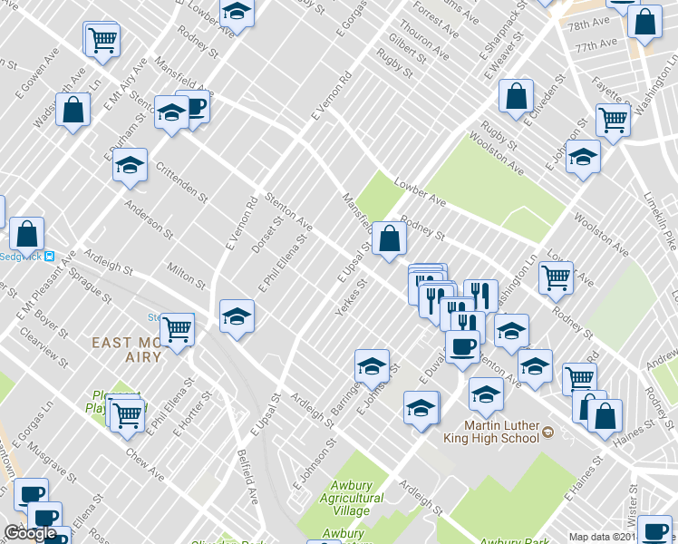 map of restaurants, bars, coffee shops, grocery stores, and more near 817 East Upsal Street in Philadelphia