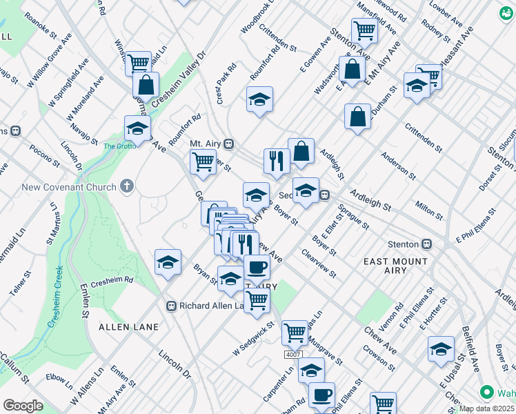 map of restaurants, bars, coffee shops, grocery stores, and more near 133 East Mount Airy Avenue in Philadelphia