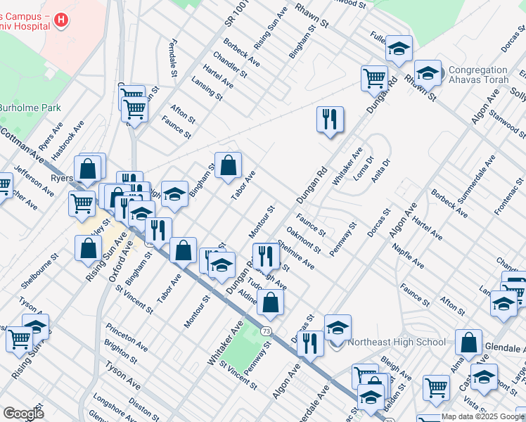 map of restaurants, bars, coffee shops, grocery stores, and more near 7520 Montour Street in Philadelphia
