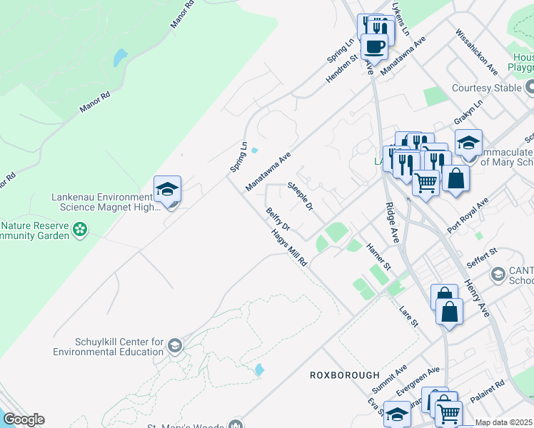 map of restaurants, bars, coffee shops, grocery stores, and more near 8640 Belfry Drive in Philadelphia